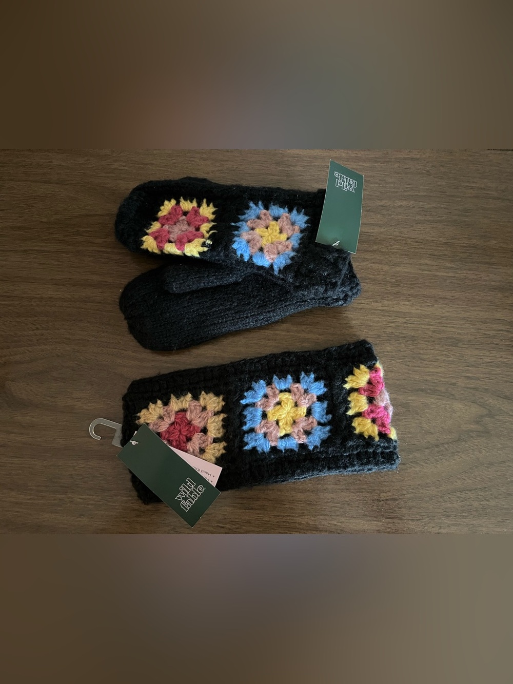 wild fable Black Crochet Mittens and Headband Set with Multicolor Granny Squares